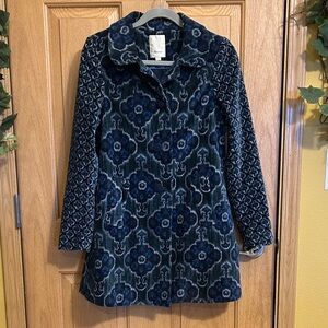 Elevenses Blue and Gray Patterned Velvet Coat, Jacket, Size US 0, UK 4, EU 32.